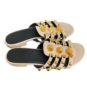 Balenciaga Beige Leather Arena Giant Studded Flat Slides Size 36.5